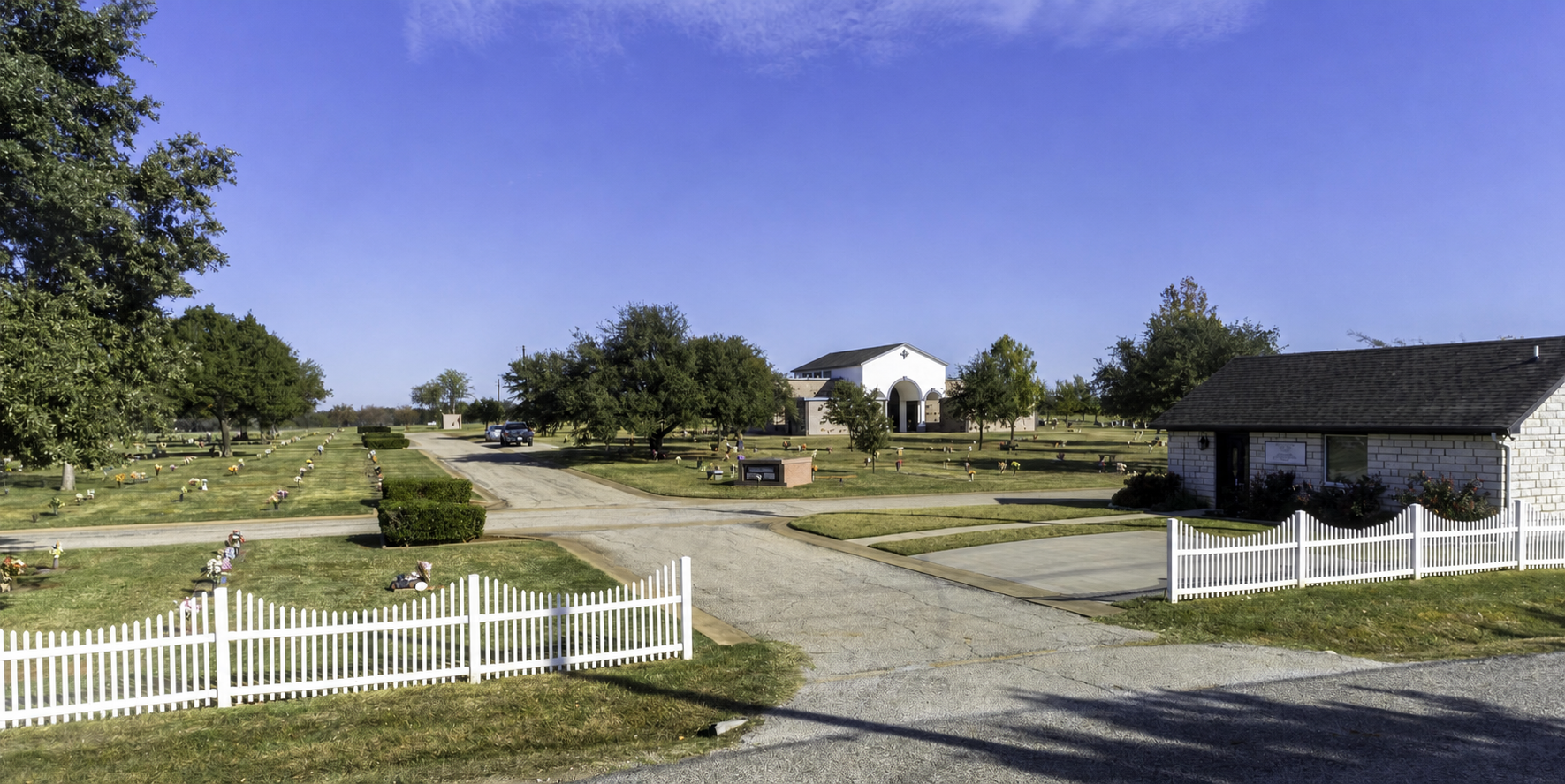 The entrance drive and cemetery office at Holly Hills